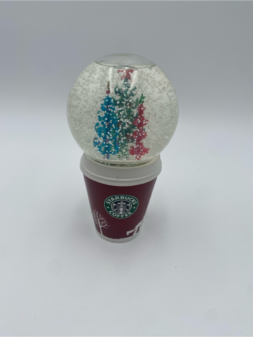 Starbucks Red Cup Snow Globe with Blue, Green, and Red Trees